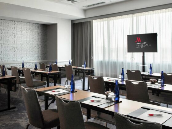 Renovated meeting room at the Philadelphia Marriott Airport Hotel, featuring modern design and upgraded amenities by DDB Contracting.