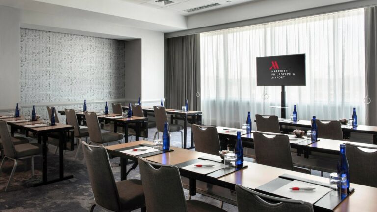 Renovated meeting room at the Philadelphia Marriott Airport Hotel, featuring modern design and upgraded amenities by DDB Contracting.