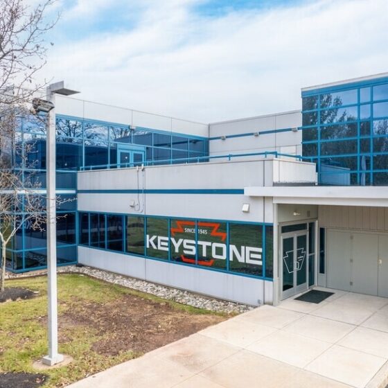 Entrance of Keystone Technologies, North American lighting manufacturer, renovated office and warehouse facility completed by DDB Contracting