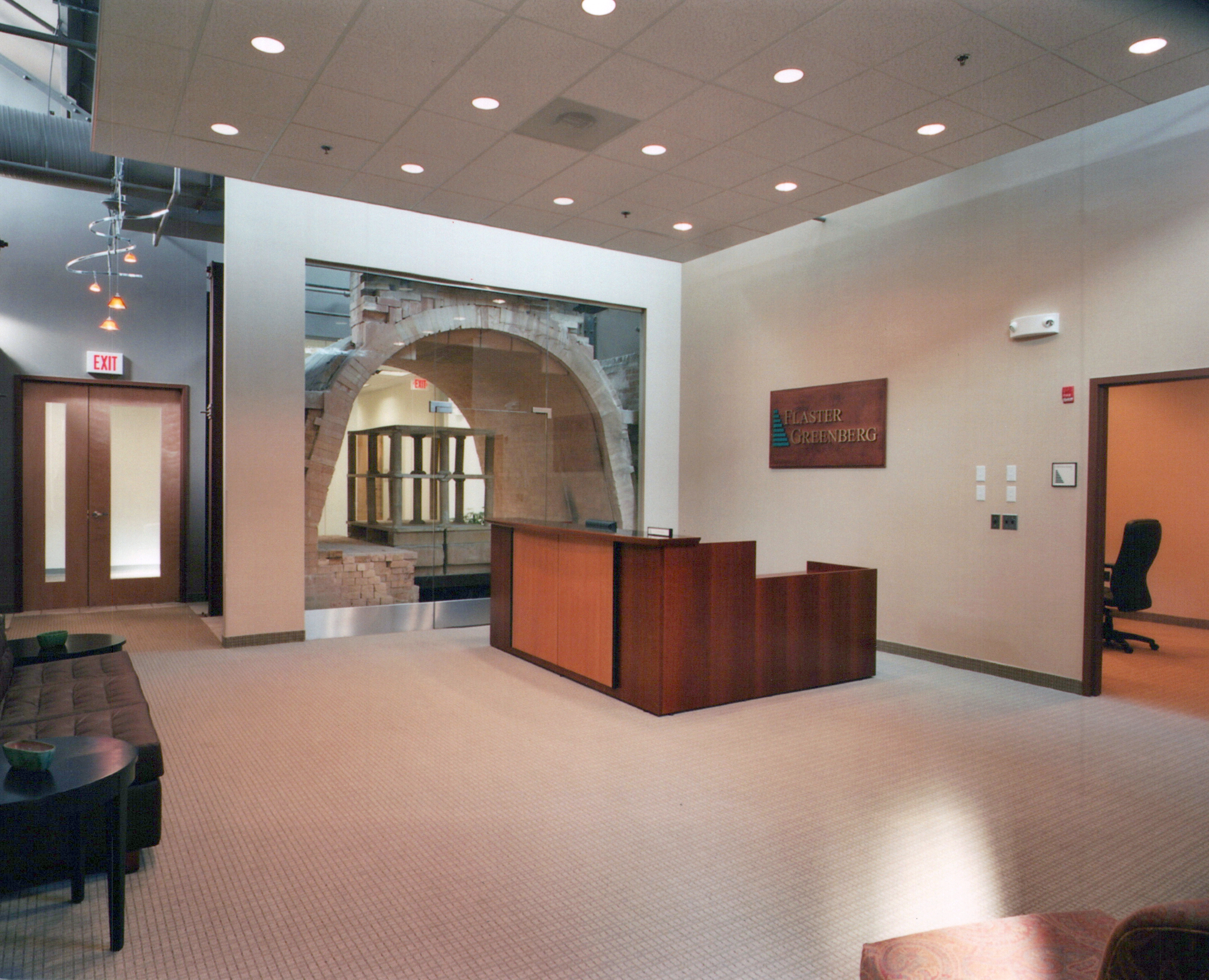 Reception area of Flaster Greenberg corporate office renovation by expert office fit-out contractor DDB Contracting