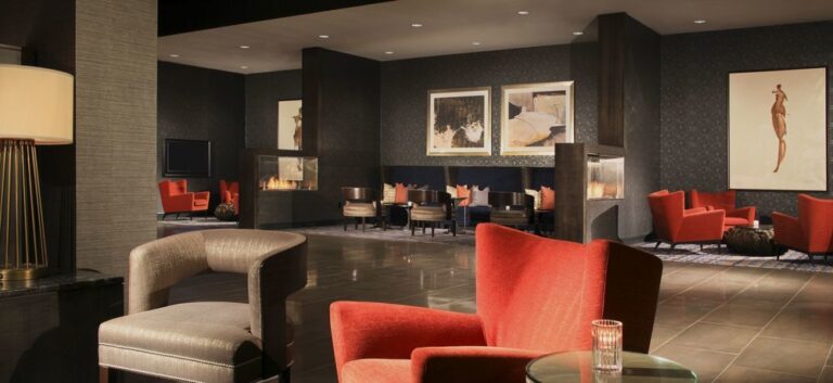 Renovated lobby lounge at the Hilton Parsippany in New Jersey completed by DDB Contracting, a commercial contractor specializing in hotel renovations
