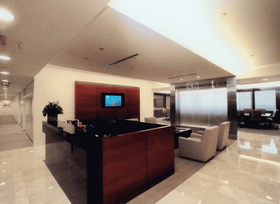 Herrick Feinstein LLP corporate law office reception in Newark, New Jersey renovated by DDB Contracting, a commercial contractor specializing in law firm office renovations