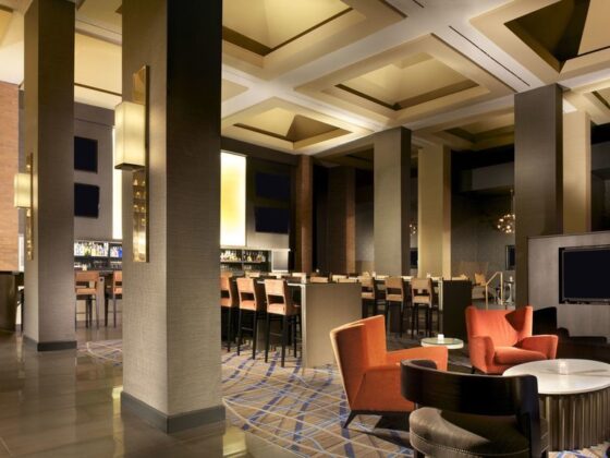 Renovated lobby of the Hilton Parsippany in Parsippany, New Jersey, featuring modern design and finishes by DDB Contracting