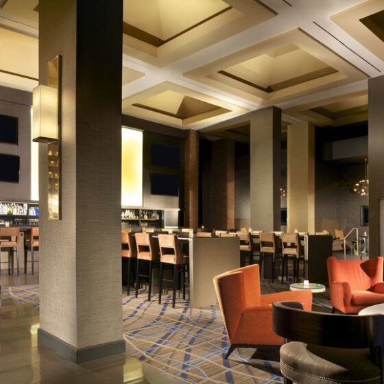 Renovated lobby of the Hilton Parsippany in Parsippany, New Jersey, featuring modern design and finishes by DDB Contracting