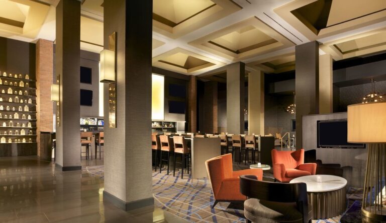 Renovated lobby of the Hilton Parsippany in Parsippany, New Jersey, featuring modern design and finishes by DDB Contracting