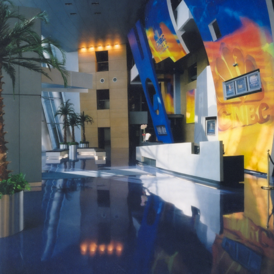 Reception area at CNBC Media building renovated by DDB Contracting, a corporate commercial contractor specializing in office renovations