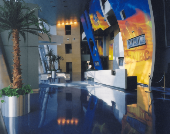 Reception area at CNBC Media building renovated by DDB Contracting, a corporate commercial contractor specializing in office renovations
