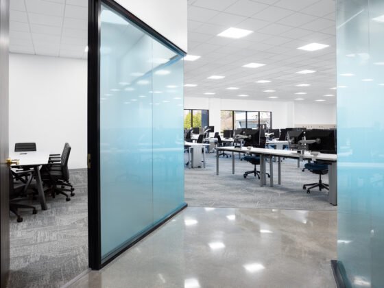 Distant view of Siemens Raleigh corporate office working space in North Carolina, built by DDB Contracting as part of the office and lab interior fit-up.