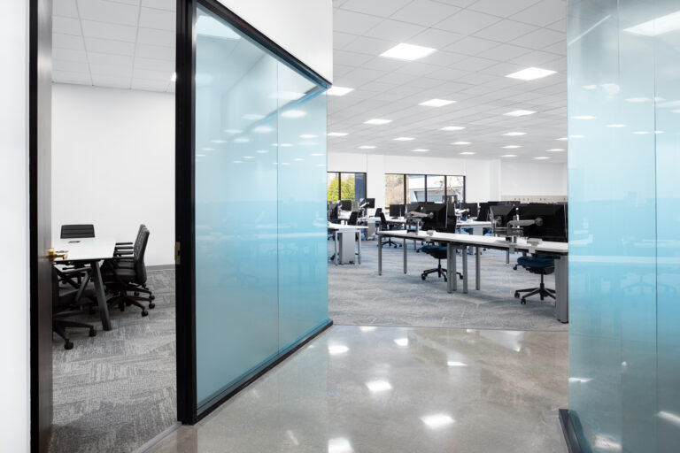 Distant view of Siemens Raleigh corporate office working space in North Carolina, built by DDB Contracting as part of the office and lab interior fit-up.