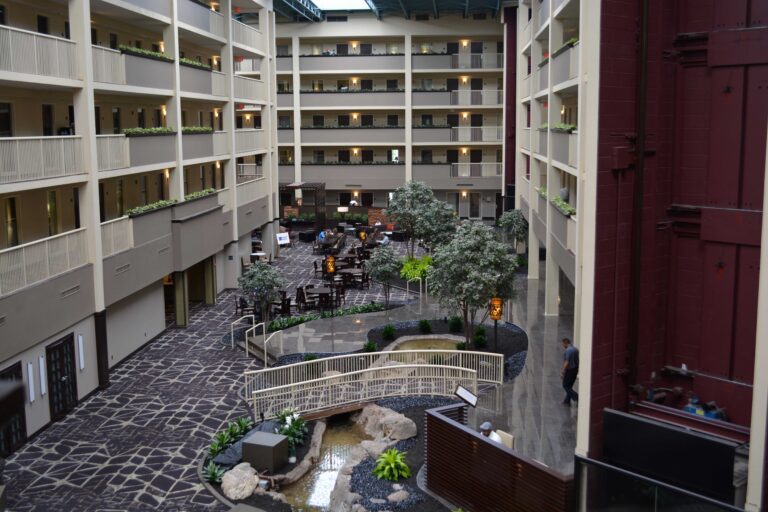 Completed, fully renovated lobby at Embassy Suites Philadelphia featuring open seating