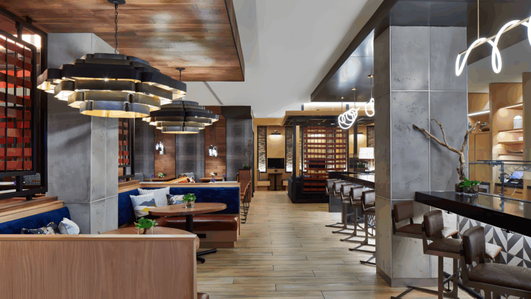 Renovated Renaissance Nashville Executive Lounge featuring modern seating and upscale design in downtown Nashville, Tennessee.