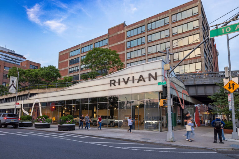 Completed luxury retail entrance constructed by DDB Contracting at the High Line development in New York City, showcasing high-end exterior build integrated into a busy pedestrian corridor.